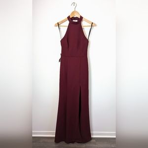 BHLDN (Anthropologie) Lennox Halter Side-Slit Stretch Crepe Gown - Burgundy/Wine